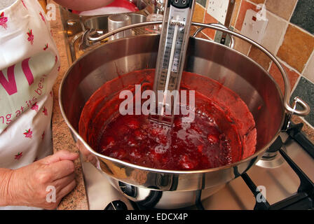 Sue Bridger machen Marmelade in ihrer Küche zu Hause Stockfoto