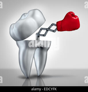 Bekämpfung von Hohlräumen und dental health care Konzept als eine offene Backenzahn mit rote Boxhandschuh zur Bekämpfung von Karies als Hygiene Symbol für Zahnmedizin und Zahnarzt Dienstleistungen entstehen. Stockfoto