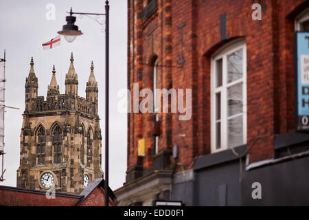 Stockport Stadtzentrum Uhrentürme Stockfoto