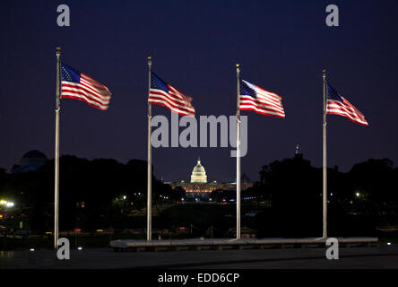 US Capitol Building, mit vier amerikanische Flaggen wehten im Vordergrund Stockfoto