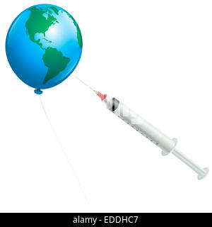 Eine Spritze und ein Planet Erde Ballon als Symbol für Pandemie Impfung Probleme. Stockfoto