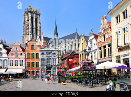 Mecheln (Mechelen), Belgien. Turm der Sint Romboutskathedraal / St Rumbold Kathedrale gesehen vom Grote Markt (Hauptplatz) Stockfoto