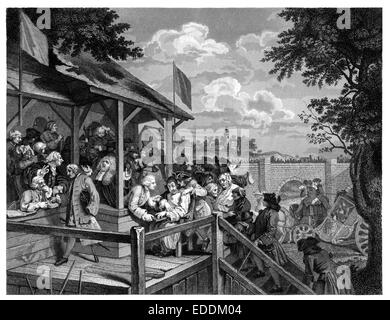 Die Launen einer Wahl (III) "The Polling" Gravur aus dem original-Gemälde des englischen Künstlers William Hogarth 1697-1764