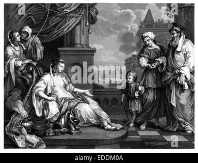 "Moses vor der Tochter des Pharaos" Gravur aus dem original-Gemälde des englischen Künstlers William Hogarth 1697-1764 Stockfoto