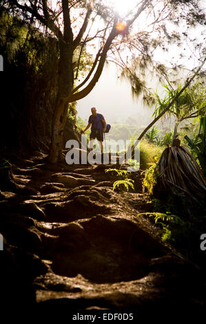 Ein Wanderer auf dem Kalalau Trail auf der Na Pali Küste von Kauai. Stockfoto