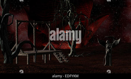 Engel des Todes - gruselige Hintergrund mit Galgen und Krähen in der Nacht mit gruseligen Bäume und Teufel Kopf Stockfoto