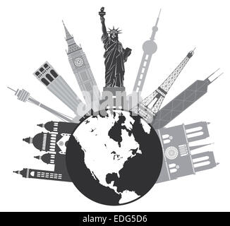 Welt Welt reisen mit Land der Orte von Europa Asien USA Graustufen Illustration Stockfoto