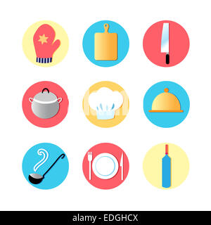 Küchenutensilien und Küche flach Symbole, Werkzeuge, Utensilien Ausrüstung, Kochen servieren Essen und Kochen Elemente. Modernes Design-Stil-sy Stockfoto