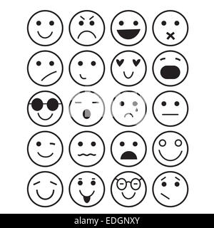 schwarze Kontur Smilies Symbole: verschiedene Emotionen auf weißem Hintergrund Stockfoto