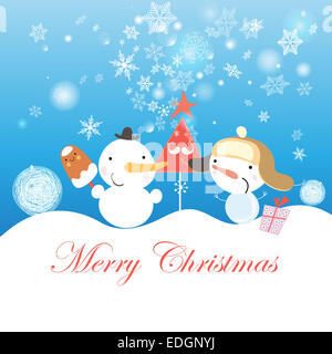 Hellen Weihnachtskarte mit Schneemänner und Schneeflocken auf blauem Hintergrund Stockfoto
