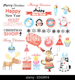 Leuchtend bunte Weihnachten set verschiedene Design-Elemente auf weißem Hintergrund Stockfoto
