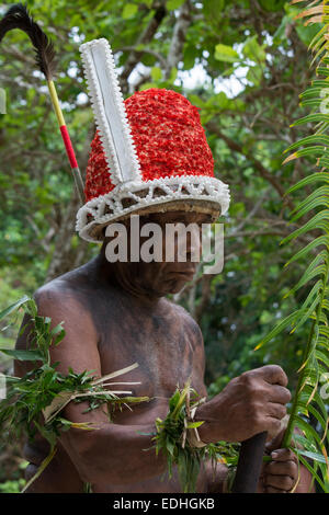 Republik von Vanuatu, Torres Inseln, Loh Insel. Dorfälteste gekleidet in traditionellen Kopfbedeckung für "The Chiefs Tanz". Stockfoto