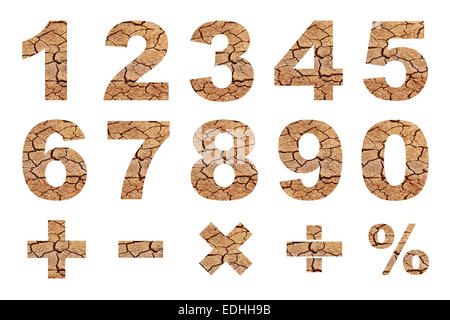 eine Null-Nummern und grundlegende mathematische Symbole aus trockene rissige Erde Bild gemacht Stockfoto