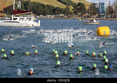 Schwimmer im Triathlon Rennen am Mount Maunganui, Neuseeland Stockfoto