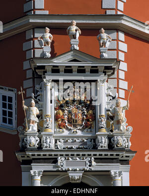 Aulaportal des Juleum Novum Mit Universitaetswappen, Sieben Freie Kuenste, Dependance Einzelnutzern in Helmstedt, Naturpark Elm-Lappwald, Niedersachsen Stockfoto