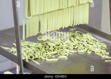 Verarbeitete Spaghetti Nudeln auf Maschine Tablett Stockfoto