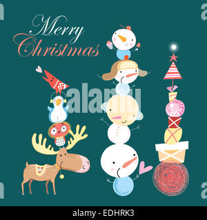 lustige Weihnachtskarte mit Schneemann und Geschenke und Tiere auf einem dunkelgrünen Hintergrund Stockfoto