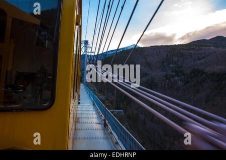 Der Train Jaune, gelber Zug, Canari oder Ligne de Cerdagne, überqueren die Hängebrücke Pont Gisclard. Stockfoto