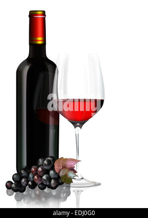 Glas Rotwein, eine Flasche Rotwein, Trauben, illustration Stockfoto