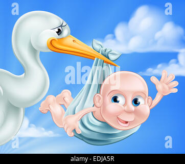 Eine Abbildung von einem Cartoon Storch liefert ein neugeborenes Baby. Eine klassische Metapher für Schwangerschaft oder Kind Geburt Stockfoto