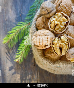 Weihnachts-Dekoration mit getrockneten Nussbaum in Sack und Kiefer Baum Zweige Stockfoto