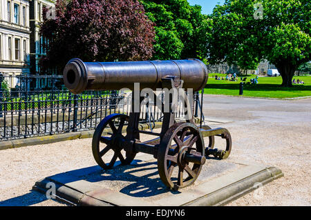 Eine schwarze Gusseisen Kanone montiert auf seinen Wagen steht auf dem Gelände des Rochester Castle mit grünen Bäumen und Parklandschaft hinter Stockfoto