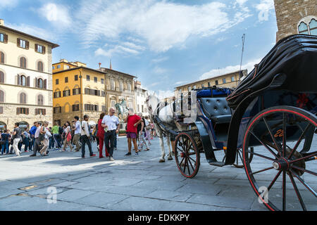 Florenz, Italien-august 26, 2014:horse und Beförderung warten auf der Piazza della Signoria in Florenz, um ein paar Touristen zu tragen Stockfoto