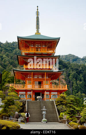 Japan, Nachikatsuura. Die Steintreppen, die zur Beton Shinto vermillion Pagode führen, Teil des Kumano Nachi Taisha Shrine, mit dem Wald dahinter. Stockfoto