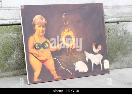 Westminster London, UK. 7. Januar 2015. Satirische Bilder des Künstlers Kaya Mar das Treffen zwischen Angela Merkel bei der Downing Street London Credit angezeigt: Amer Ghazzal/Alamy Live-Nachrichten Stockfoto