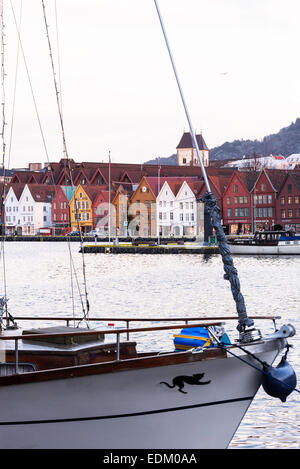 Die berühmten Gegend von Bryggen in Bergen mit historischen Hansestadt Gewerbebauten Norwegen Stockfoto