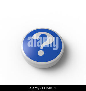blaue und weiße Schaltfläche mit einem Fragezeichen-Symbol auf weißem Hintergrund Stockfoto