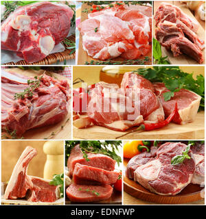 Collage aus verschiedenen Arten von rohem Fleisch (Rind, Lamm, Schwein) Stockfoto