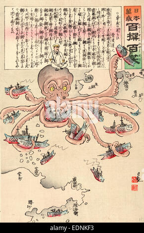 Tako keine Asirai, Octopus treten., Kobayashi, Kiyochika, 1847-1915, Künstler, 1904., 1 print: Holzschnitt, Farbe; 36,9 x 24,9 cm., zeigt Print einen japanischen Offizier sitzt auf dem Kopf eines Tintenfischs die Schiffe verkleidet als Fisch in seine Tentakeln gefangen genommen hat. Stockfoto