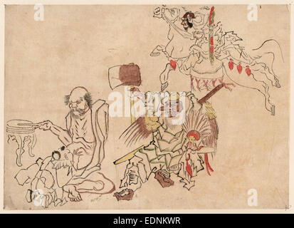 Tengu Nado, Tengu und Vermischtes. [zwischen 1830 und 1868], 1 Zeichnung: Tinte und hellen Farben; 26,8 x 37,2 cm., Zeichnung zeigt drei Vignetten, Krieger auf dem Pferderücken, Krieger mit großen Axt und ein Alter Mann, sitzend, schlagen einer Trommel mit einem Mann kniet vor ihm. Stockfoto