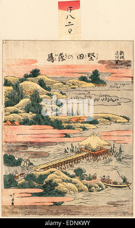 Katada no Rakugan, absteigend Gänse am Katada., Katsushika, Hokusai, 1760-1849, Künstler, [zwischen 1804 und 1810], 1 print: Holzschnitt, Farbe; 23.1 x 17,3 cm., zeigt Print eine Küste mit eine strohgedeckte Struktur am Ende eines langen Pier, der Vogelperspektive Pilger stehen am Eingang zum Pier und in einem Boot in der Nähe von Shore und Gänse auf dem Wasser in der Ferne. Stockfoto