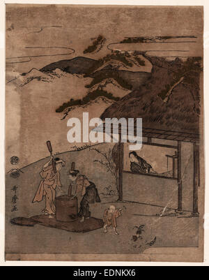 Chofu keine Tamagawa, Tama Fluss in Chofu., Kitagawa, Utamaro, 1753?-1806, Künstler, [zwischen 1792 und 1795], 1 print: Holzschnitt, Farbe; 24,7 x 19,1 cm., zeigt Print zwei Frauen schlagen Korn außerhalb eines Gebäudes, ein Kind füttern, Hühner und eine Frau sitzen an einem Webstuhl beim Blick aus dem Fenster auf die beiden Frauen. Stockfoto