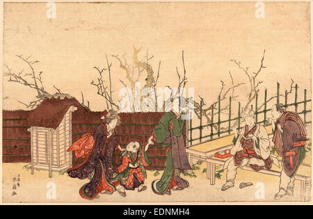 Kameido Umeyashiki, eine Villa in Kamedo., Katsukawa, Shunsen, 1762-ca. 1830, Künstler, [181-], 1 print: Holzschnitt, Farbe; 24,7 x 37,8 cm., zeigt Print, zwei Männer und zwei Frauen und ein Kind innerhalb der Mauern einer Land-Villa. Stockfoto