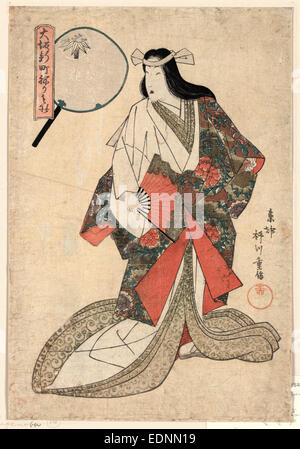 Wakamurasaki Kyojo, die Kurtisane Wakamurasaki als ein Gericht Dame., Yanagawa Shigenobu, 1787-1832, Künstler, [zwischen 1821 und 1823], 1 print: Holzschnitt, Farbe; 38,4 x 26,2 cm., zeigt Print Wakamurasaki, Kurtisane, Porträt, stehend, mit Blick nach links, hält ein Fan, als Mitglied des königlichen Hofes. Stockfoto