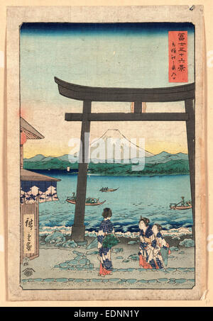 Sagami Enoshima Iriguchi, das Tor zur Enoshima in Sagami., Ando Hiroshige, 1797-1858, Künstler, 1858., 1 print: Holzschnitt, Farbe; 36,9 x 24,4 cm., zeigt Print drei Frauen, die das Tor zu einem Schrein am Ufer eines Flusses mit Fernsicht auf den Mount Fuji auf der Durchreise. Stockfoto