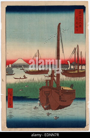 Toto Tsukuda Oki, bahnt der Tsukuda in der östlichen Hauptstadt., Ando Hiroshige, 1797-1858, Künstler, 1858., 1 print: Holzschnitt, Farbe; 35,9 x 24,4 cm., zeigt Print Holzschiffe Schilf im Hafen, mit Blick auf den Mount Fuji im Hintergrund verankert. Stockfoto