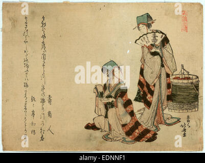 Yoshiwara Suzume, Yoshiwara Sparrow, Katsushika Hokusai, 1760-1849, Künstler, [zwischen 1804 und 1807], 1 print: Holzschnitt, Farbe; 13,8 x 18,3 cm., zeigt Print zwei Frauen, einer Sitzung und eine Stellung, in der Nähe einen großen Korb. Stockfoto