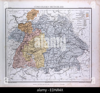 Südwestdeutschland, Sudwestliches Deutschland, Atlas von Th. von Liechtenstern und Henry Lange, Antike Landkarte 1869 Stockfoto