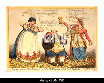 Bravuras Rivalen Sirenen oder John Bulls Probe von Captain Macheath, Gravur 1807, John Bull sitzend, mit Opera Hut unterm arm Stockfoto