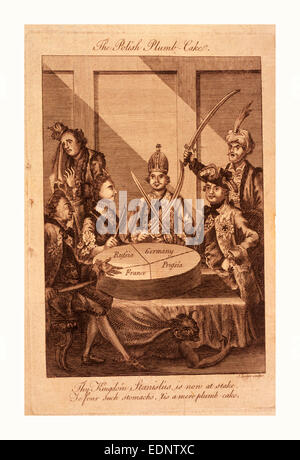 Die polnische Lot-Kuchen, Lodge, John,-1796, Gravur 1774, Leopold II. und Frederick William II mit Schwertern gezeichnet, Catherine II Stockfoto