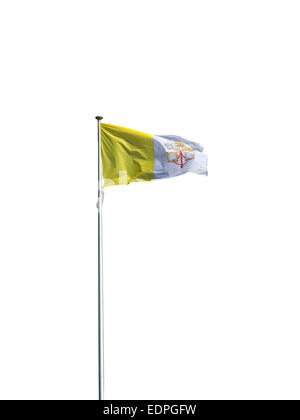 Vatikan Fahne im Wind isoliert auf weißem Hintergrund. Stockfoto
