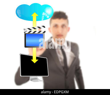 Junger Mann mit Streaming-video Symbol isoliert auf weißem Hintergrund Stockfoto