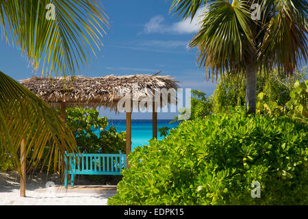 Schattigen Sitzbank mit Blick auf türkisfarbenes Wasser Half Moon Cay, Bahamas Stockfoto