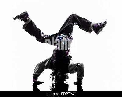 eine hip Hop Breakdance Breakdance Handstand Mann Silhouette weißen Hintergrund Stockfoto
