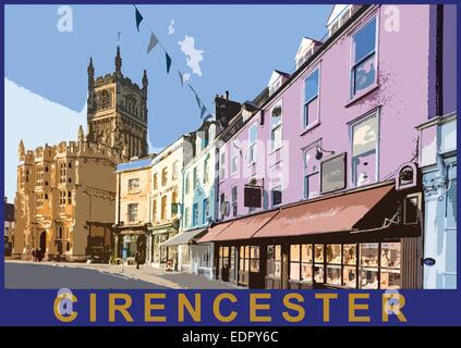 Ein Plakat Stil Darstellung von Cirencester und die Kirche St. Johannes der Täufer in Dyer Street, Gloucestershire, England, UK Stockfoto