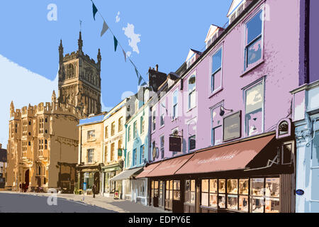 Ein Plakat Stil Darstellung von Cirencester und die Kirche St. Johannes der Täufer in Dyer Street, Gloucestershire, England, UK Stockfoto